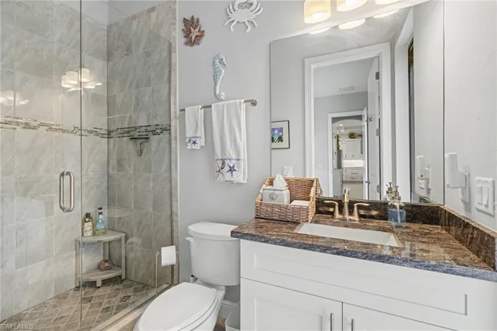 The bathroom features a glass-enclosed shower with tile work, a vanity with a dark countertop and a single basin sink, and a toilet
