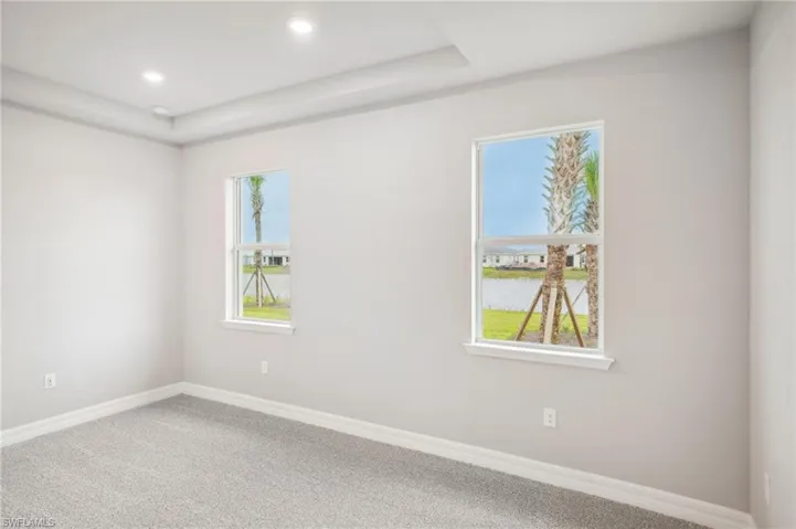 Spare room with a water view, a raised ceiling, and carpet floors