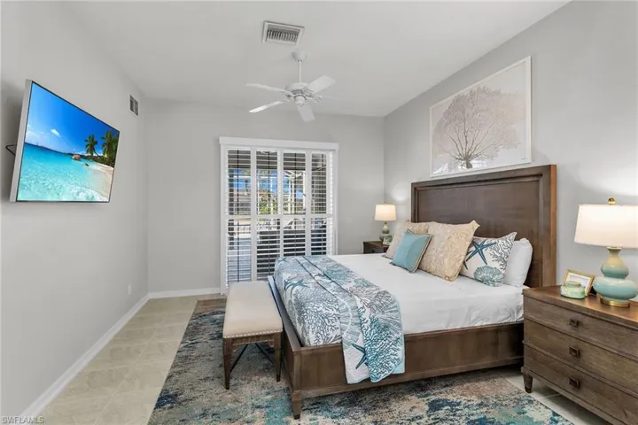 Bedroom featuring baseboards, visible vents, and ceiling fan