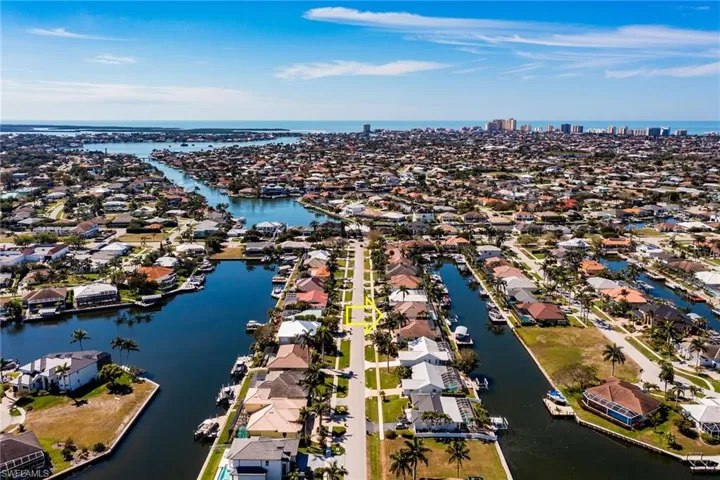 Birds eye view of property with a residential view and a water view