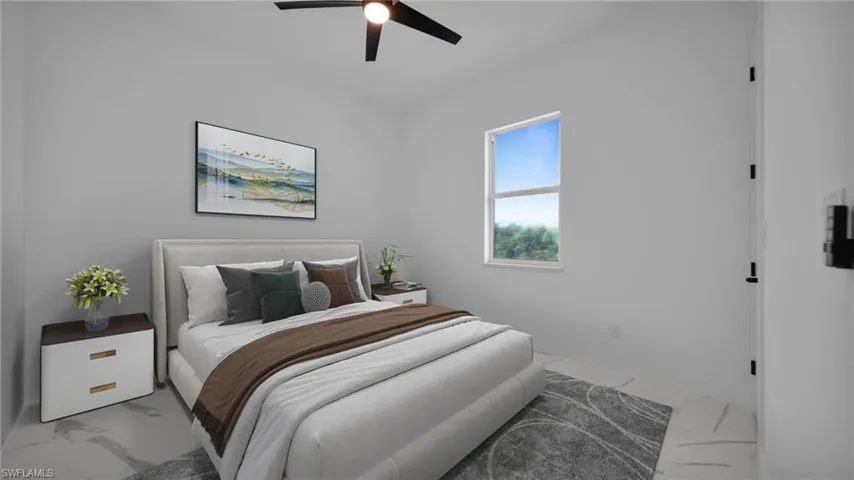 Bedroom featuring ceiling fan Virtual Staged