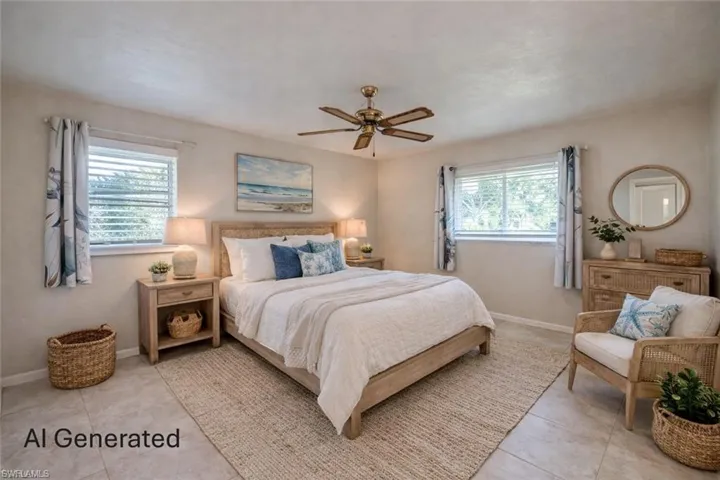 Bedroom with a ceiling fan and light tile patterned floors