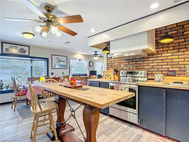 Kitchen with visible vents, butcher block countertops, light wood-type flooring, stainless steel range with electric stovetop, and a sink
