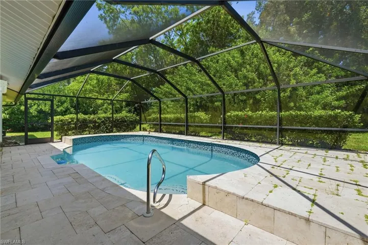 Screen-enclosed pool featuring a curvilinear design and blue mosaic tile border