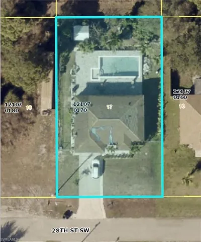 Aerial Property View. Illustrating the property boundaries and surrounding parcels with identifying numbers