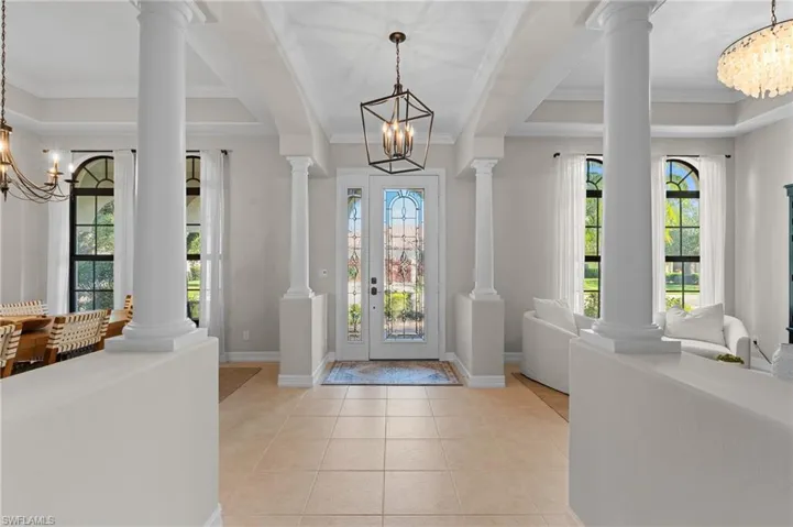 Dining to left of photo, living to right of photo.  Clear view to pool from front entry door.