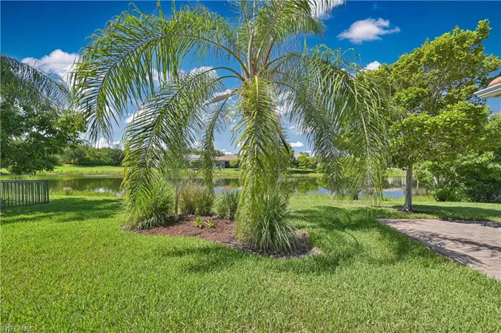 Expansive green lawn featuring a palm tree, mature landscaping, and a paver pathway, all overlooking a serene pond