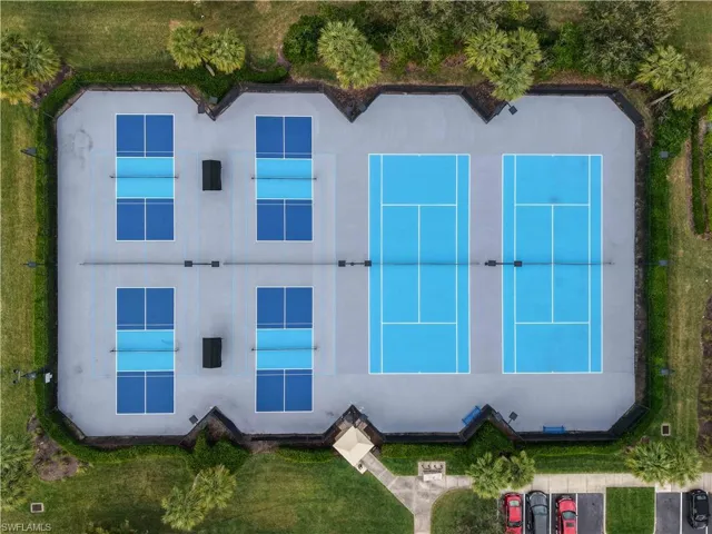 Recreational court area featuring four pickleball courts and two tennis courts