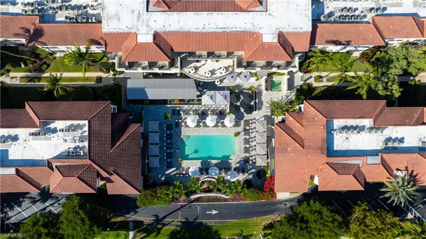 Aerial view of residential area with a pool