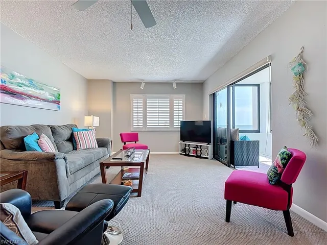 Living area with track lighting, a textured ceiling, carpet floors, and plenty of natural light