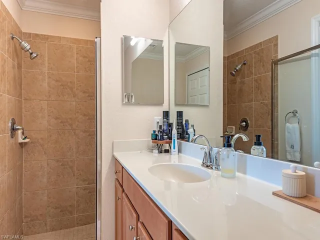 Bathroom featuring vanity, ornamental molding, and a shower stall