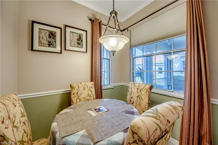 Inverted-style pendant lighting, multi-pane windows, and chair rail molding