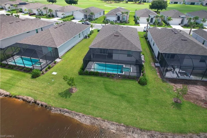 Aerial perspective of suburban area with a pool and a golf club