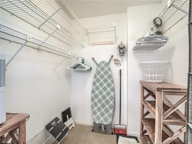 Spacious walk in closet featuring carpet floors and a safe