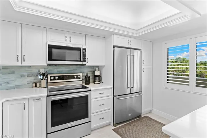 Kitchen featuring stainless steel appliances, white cabinets, a tray ceiling, and decorative backsplash