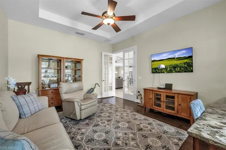 Den with french doors and tray ceiling