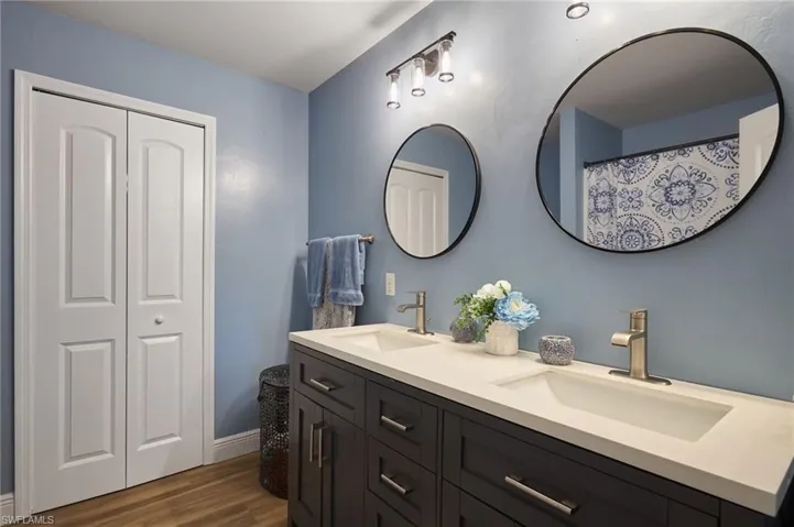 Bathroom with hardwood / wood-style floors and vanity