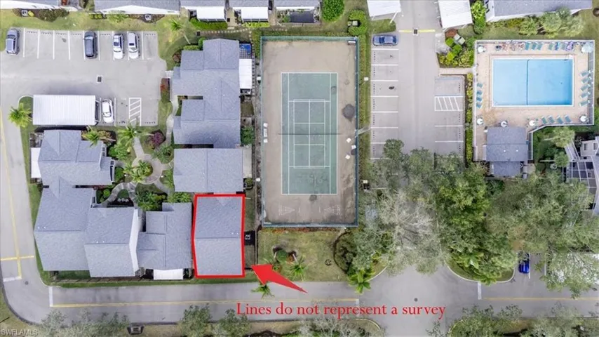 Aerial view of property's location with a pool area and property parcel outlined