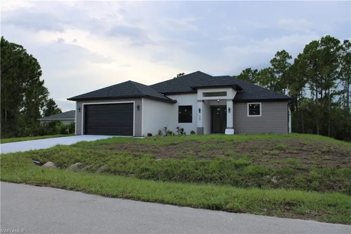 Contemporary exterior featuring a dark gray roof, light stucco, and horizontal siding accents