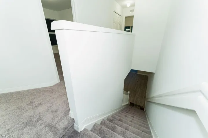 Stairs featuring carpet floors and baseboards