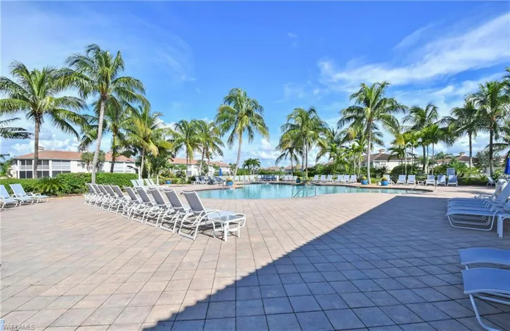 Expansive pool deck featuring pavers, a large swimming pool, and numerous palm trees