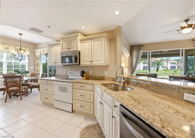 Kitchen featuring light-toned cabinetry, stainless steel appliances, and granite countertops with an undermount dual-basin sink