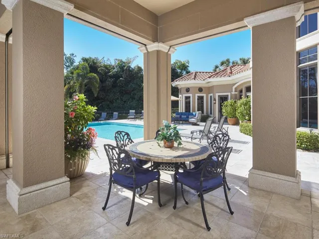 View of patio featuring an outdoor pool and outdoor dining area