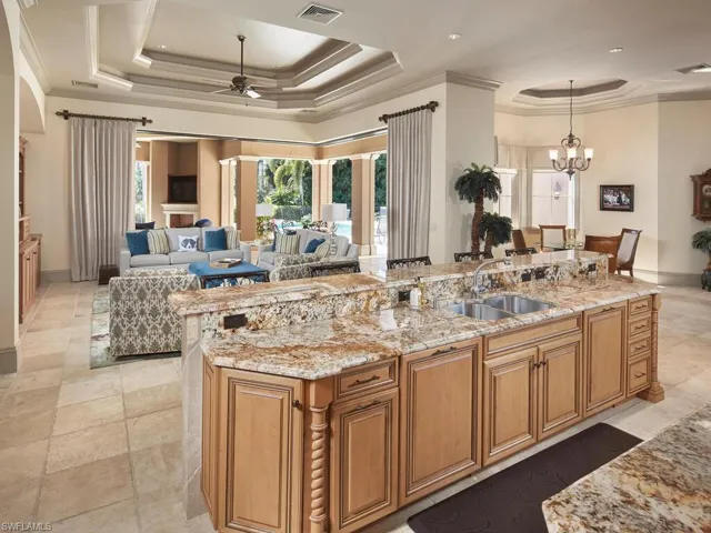 Kitchen with wood finish cabinets, light stone counters, ornamental molding, a tray ceiling, and a ceiling fan