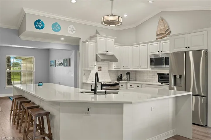 Kitchen featuring a spacious island, stainless steel appliances, and light hardwood / wood-style floors