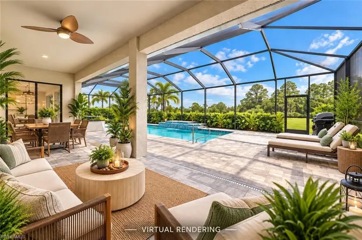 Screened lanai featuring a swimming pool, paved patio, and covered seating area with a ceiling fan