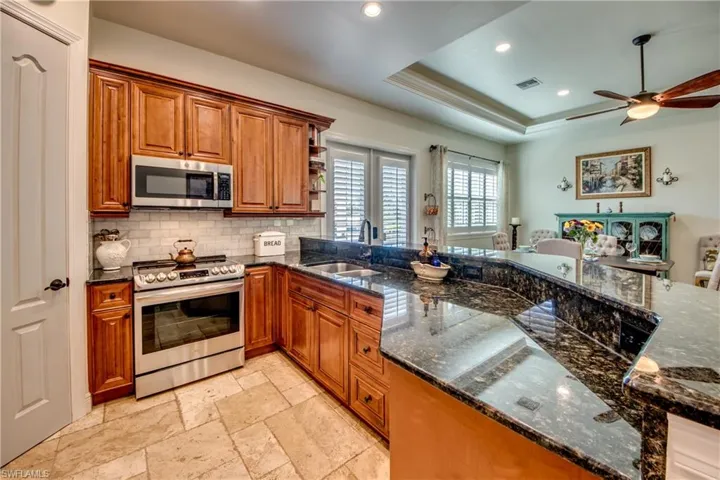 Kitchen featuring ceiling fan, a tray ceiling, stainless steel appliances, sink, and dark stone countertops