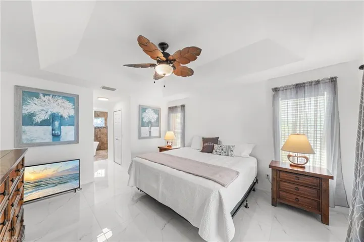 Bedroom featuring a tray ceiling, a ceiling fan, and connected bathroom
