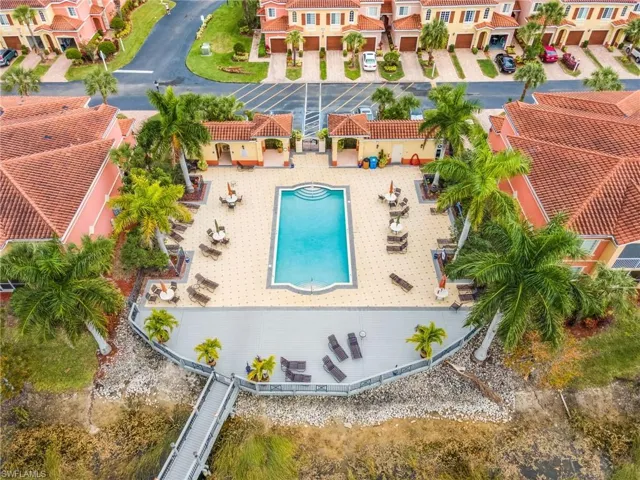 Aerial view of residential area with a pool
