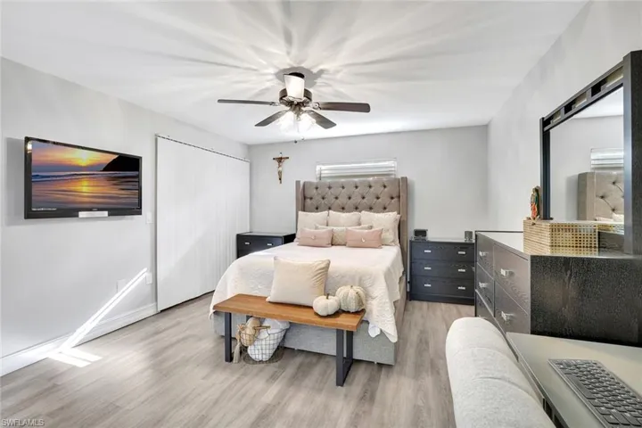 Bedroom featuring light wood-style flooring and a ceiling fan