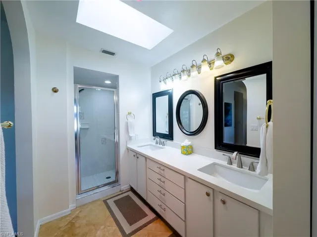 Full bath featuring visible vents, a sink, a shower stall, and double vanity