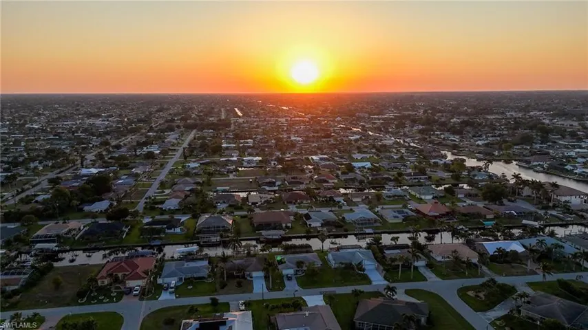 Aerial view at dusk with a residential view