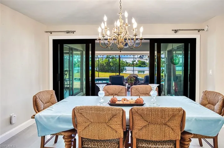 Dining space featuring a chandelier, wood finished floors, and a water view