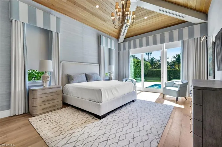 Bedroom with wallpapered walls, access to exterior, wood ceiling, hanging lights, and light wood-style flooring