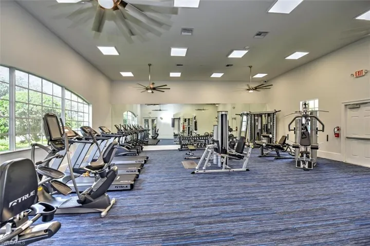 Gym featuring ceiling fan, a high ceiling, and dark carpet