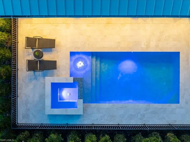 Overhead aerial of the custom pool and outdoor living layout
