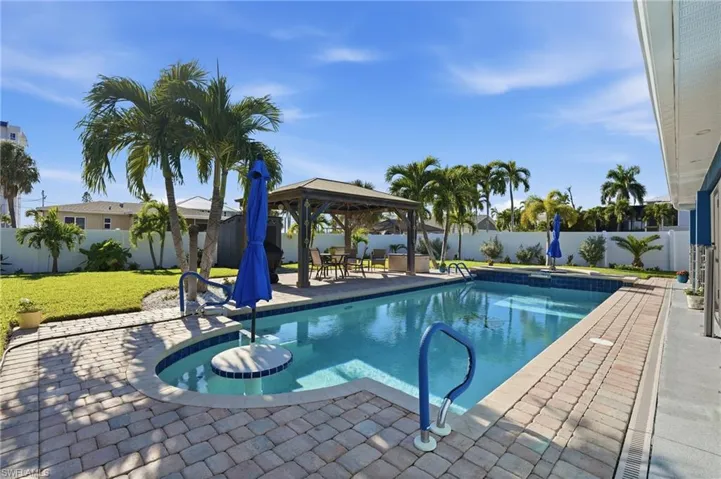 View of pool with a gazebo, a patio, and a fenced backyard - Virtually Edited Image