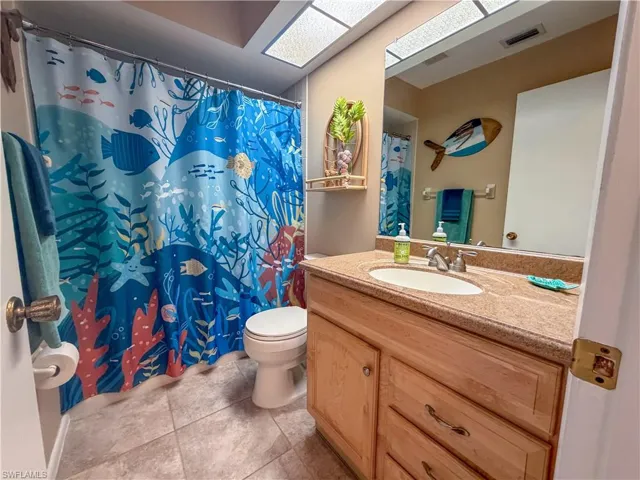 Bathroom with vanity, a shower with curtain, and a skylight