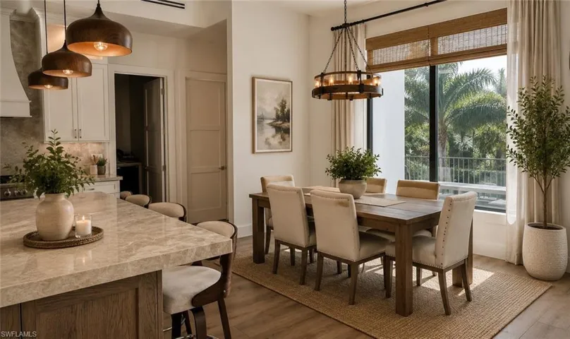 A.I. Spacious open-concept layout featuring a kitchen island with stone countertop, wood-finish flooring, white cabinetry, and a dining area with a prominent chandelier