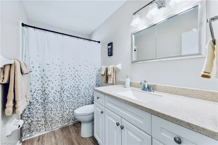 Bathroom featuring hardwood / wood-style floors, vanity, and toilet
