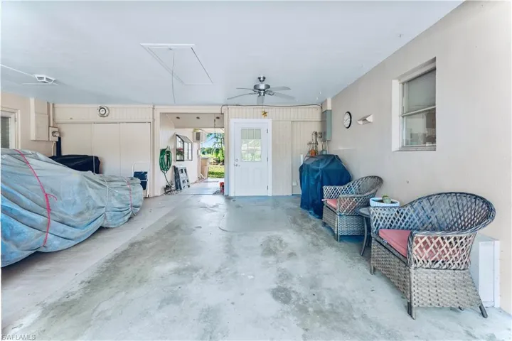 Garage with ceiling fan