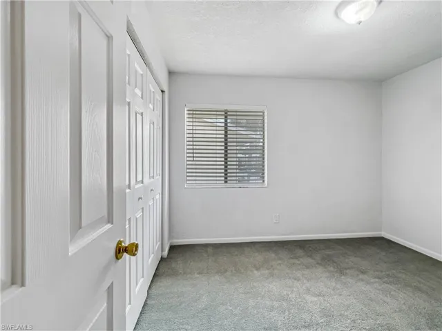Unfurnished bedroom with carpet floors, a textured ceiling, and a closet