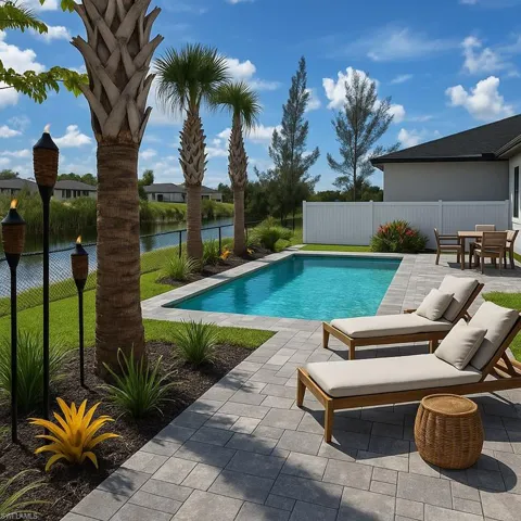 Swimming pool featuring a fenced backyard, outdoor dining space, a water view, and a patio area