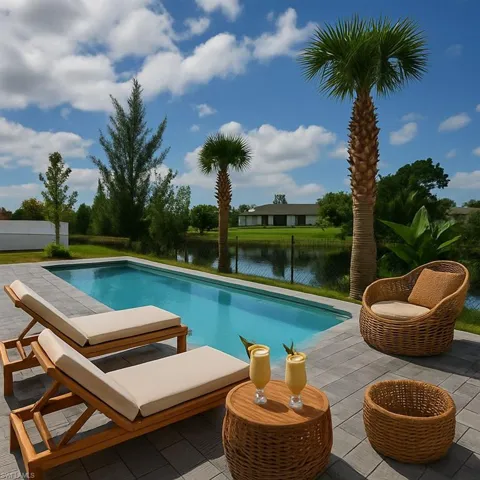 Outdoor pool with a patio area and a water view