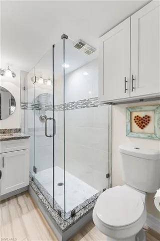 Bathroom featuring an enclosed shower, vanity, and toilet
