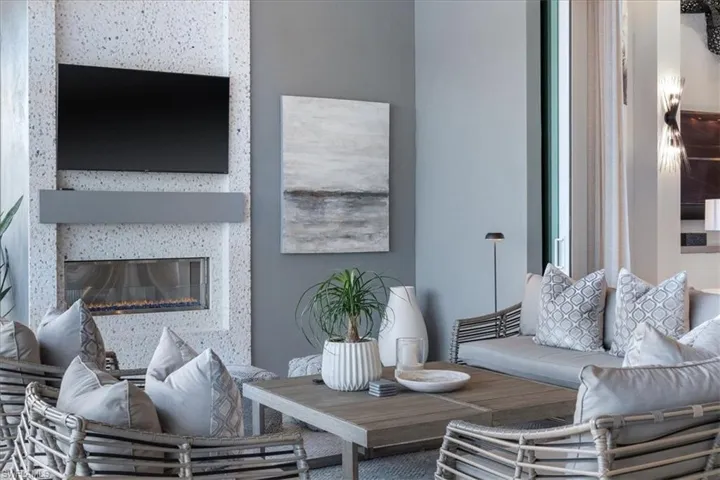 Living room with a large fireplace